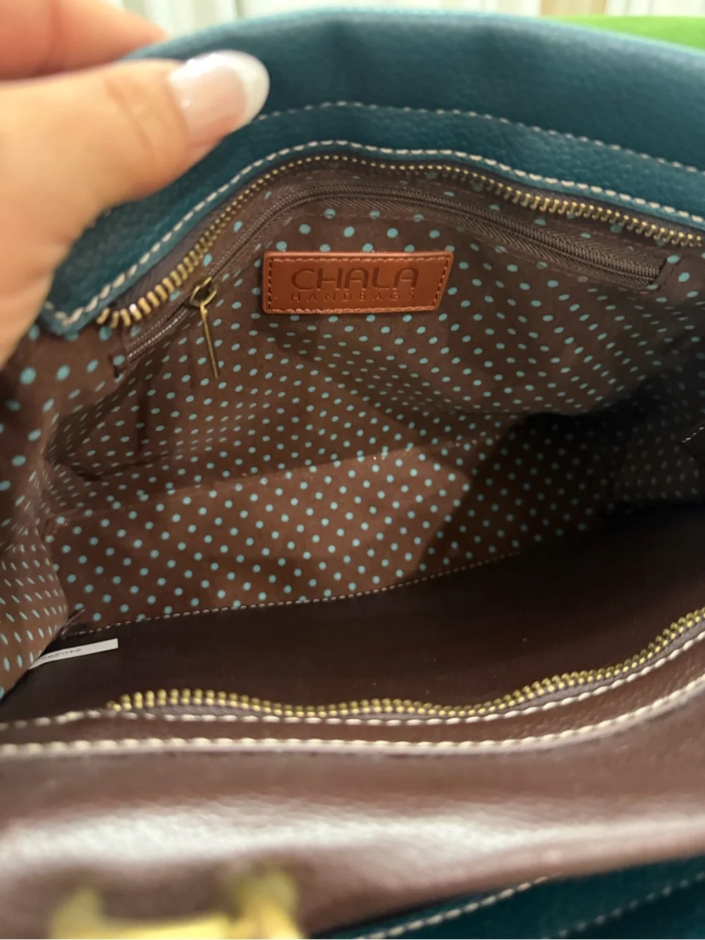 Chala Teal and Brown Leather Top-Handle Bag and Peacock Charm Purse